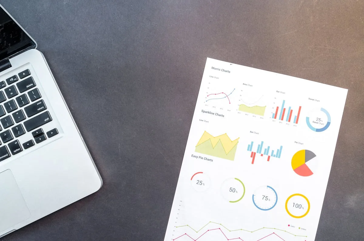 Desk workspace with laptop and analytics charts and graphs