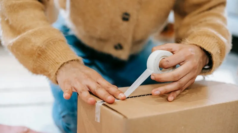 Hands sealing a cardboard box with packing tape