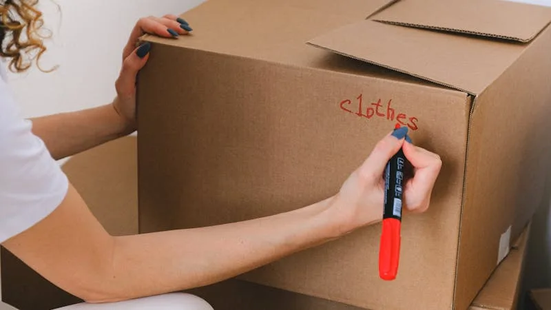 Person labeling a moving box with a marker