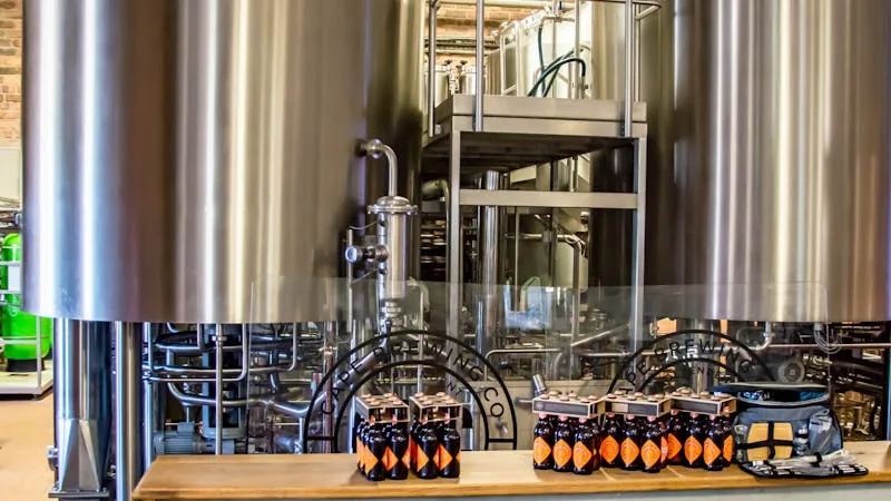 Stainless steel brewing tanks at a craft brewery